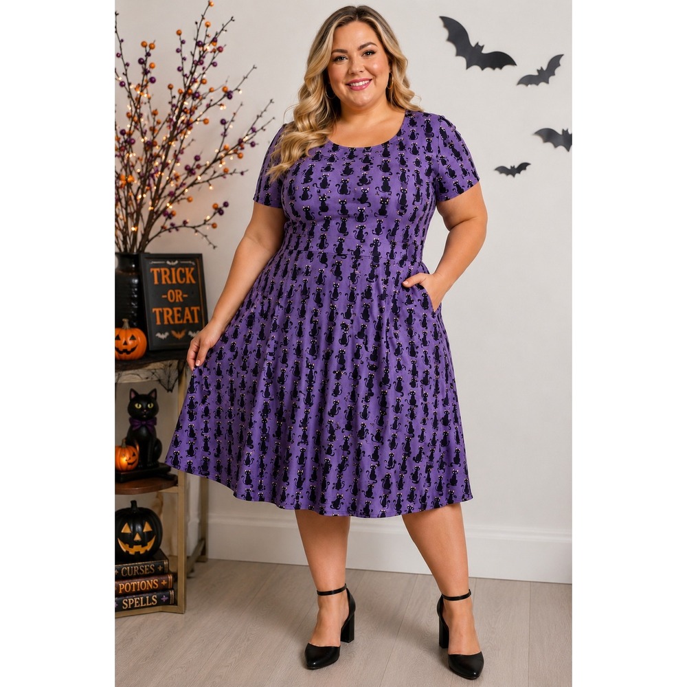 Dolly and Dotty Purple Black Cat Print Halloween Fit Flare Dress Plus Size 20